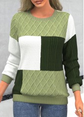 Light Green tops,White tops,Contrast Color tops,ROTITA Light Green Round Neck Patchwork Long Sleeve Sweatshirt