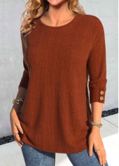 Brick Red tops,Plain Color tops,ROTITA Button Brick Red Round Neck Long Sleeve T Shirt