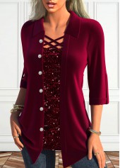 Wine Red tops,Plain Color tops,ROTITA Fake 2in1 Wine Red Square Neck Blouse