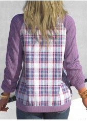 Light Purple tops,Plaid tops,Geometric tops,Striped tops,ROTITA Patchwork Plaid Light Purple V Neck Long Sleeve Sweatshirt