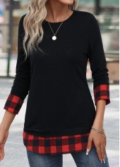 Red tops,Black tops,Plaid tops,Geometric tops,Striped tops,Christmas tops,ROTITA Patchwork Plaid Red Round Neck Long Sleeve T Shirt