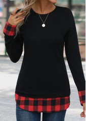 Red tops,Black tops,Plaid tops,Geometric tops,Striped tops,Christmas tops,ROTITA Patchwork Plaid Red Round Neck Long Sleeve T Shirt