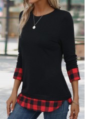 Red tops,Black tops,Plaid tops,Geometric tops,Striped tops,Christmas tops,ROTITA Patchwork Plaid Red Round Neck Long Sleeve T Shirt