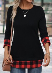 Red tops,Black tops,Plaid tops,Geometric tops,Striped tops,Christmas tops,ROTITA Patchwork Plaid Red Round Neck Long Sleeve T Shirt