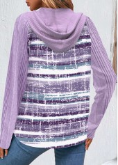 Light Purple tops,Striped tops,Geometric tops,ROTITA Button Striped Light Purple Hooded Long Sleeve Sweatshirt