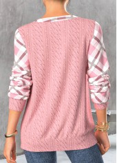 Light Pink tops,Plaid tops,Striped tops,ROTITA Lace Up Plaid Light Pink Long Sleeve Sweatshirt