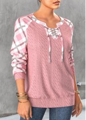 Light Pink tops,Plaid tops,Striped tops,ROTITA Lace Up Plaid Light Pink Long Sleeve Sweatshirt