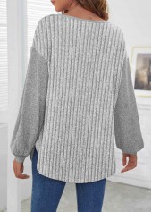 Grey tops,Plain Color tops,ROTITA Button Grey Round Neck Long Sleeve Sweatshirt