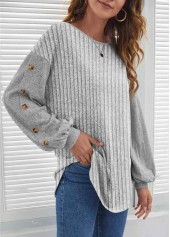 Grey tops,Plain Color tops,ROTITA Button Grey Round Neck Long Sleeve Sweatshirt