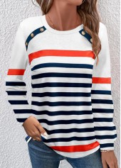 Navy tops,White tops,Striped tops,Geometric tops,ROTITA Button Multi Stripe Print Navy Round Neck T Shirt