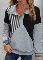 Black tops,Grey tops,Striped tops,Geometric tops,ROTITA Snap Button Striped Black Turtleneck Long Sleeve Sweatshirt