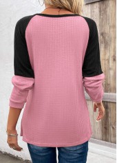 Pink tops,Contrast Color tops,Patchwork Round Neck Long Sleeve Pink T Shirt