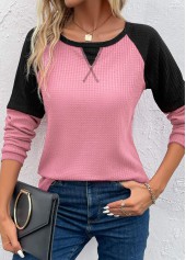 Pink tops,Contrast Color tops,Patchwork Round Neck Long Sleeve Pink T Shirt