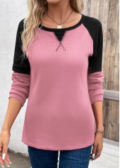 Pink tops,Contrast Color tops,Patchwork Round Neck Long Sleeve Pink T Shirt