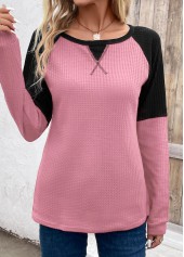 Pink tops,Contrast Color tops,Patchwork Round Neck Long Sleeve Pink T Shirt