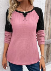 Patchwork-Rundhals-Langarm-T-Shirt in Rosa