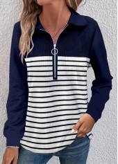 ROTITA Zipper Striped Navy Turn Down Collar T Shirt