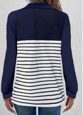 Navy tops,White tops,Striped tops,ROTITA Zipper Striped Navy Turn Down Collar T Shirt