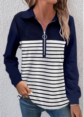 Navy tops,White tops,Striped tops,ROTITA Zipper Striped Navy Turn Down Collar T Shirt