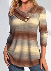 Light Camel tops,Ombre tops,Geometric tops,Striped tops,ROTITA Asymmetry Ombre Light Camel V Neck Long Sleeve Sweatshirt