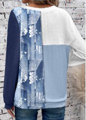 Dusty Blue tops,White tops,Tribal tops,Striped tops,ROTITA Patchwork Round Neck Long Sleeve Dusty Blue Sweatshirt
