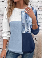 Dusty Blue tops,White tops,Tribal tops,Striped tops,ROTITA Patchwork Round Neck Long Sleeve Dusty Blue Sweatshirt