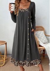 Dark Grey dresses,Leopard dresses,Everyday dresses,Casual dresses,ROTITA Tummy Coverage Leopard Dark Grey Square Neck Dress