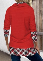 Red tops,Plaid tops,Striped tops,ROTITA Patchwork Plaid Red Cowl Neck Long Sleeve Sweatshirt