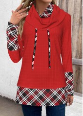 Red tops,Plaid tops,Striped tops,ROTITA Patchwork Plaid Red Cowl Neck Long Sleeve Sweatshirt