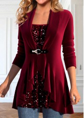 Wine Red tops,Plain Color tops,ROTITA Sequin Wine Red Square Neck Fake Two Piece Twinset