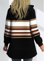 Black tops,Striped tops,Geometric tops,ROTITA Zipper Striped Black Hooded Long Sleeve Coat