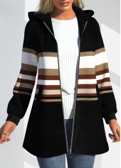 Black tops,Striped tops,Geometric tops,ROTITA Zipper Striped Black Hooded Long Sleeve Coat