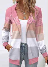 Pink plus size,Geometric plus size,Striped plus size,ROTITA Plus Size Pocket Pink Geometric Print Long Sleeve Hoodie