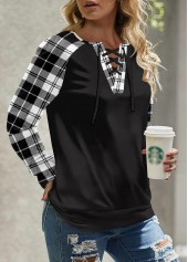 Black tops,Plaid tops,Striped tops,ROTITA Lace Up Plaid Black Round Neck Long Sleeve Sweatshirt