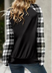 Black tops,Plaid tops,Striped tops,ROTITA Lace Up Plaid Black Round Neck Long Sleeve Sweatshirt