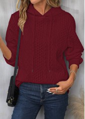 Wine Red tops,Plain Color tops,ROTITA Drawstring Wine Red Long Sleeve Hoodie
