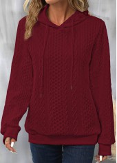 Wine Red tops,Plain Color tops,ROTITA Drawstring Wine Red Long Sleeve Hoodie