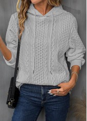 Light Grey tops,Plain Color tops,Patchwork Drawstring Light Grey Long Sleeve Hoodie