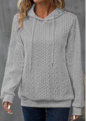 Light Grey tops,Plain Color tops,Patchwork Drawstring Light Grey Long Sleeve Hoodie