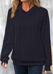 Navy tops,Plain Color tops,ROTITA Drawstring Patchwork Navy Long Sleeve Hoodie
