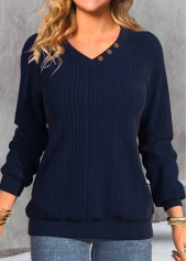 ROTITA Button Navy V Neck Long Sleeve Sweatshirt