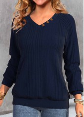 Navy tops,Plain Color tops,ROTITA Button Navy V Neck Long Sleeve Sweatshirt