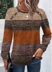 Dark Camel plus size,Striped plus size,Geometric plus size,ROTITA Plus Size Button Dark Camel Striped T Shirt