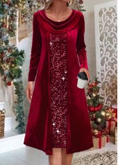 Wine Red dresses,Plain Color dresses,Everyday dresses,Casual dresses,ROTITA Sequin Wine Red A Line Draped Neck Dress