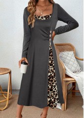 Dark Grey dresses,Leopard dresses,Animal Print dresses,Everyday dresses,Casual dresses,ROTITA Asymmetry Leopard Dark Grey A Line Round Neck Dress