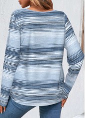 Blue tops,Striped tops,Geometric tops,ROTITA Button Striped Blue Round Neck Long Sleeve T Shirt