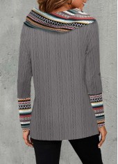Dark Grey tops,Tribal tops,Geometric tops,Striped tops,ROTITA Patchwork Tribal Print Dark Grey Cowl Neck Sweatshirt