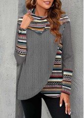 Dark Grey tops,Tribal tops,Geometric tops,Striped tops,ROTITA Patchwork Tribal Print Dark Grey Cowl Neck Sweatshirt