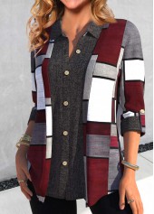 Dark Grey tops,Wine Red tops,Geometric tops,ROTITA Button Geometric Print Dark Grey Shirt Collar Blouse
