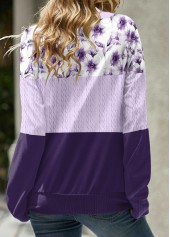 Light Purple tops,Floral tops,Plants tops,ROTITA Patchwork Floral Print Light Purple Cowl Neck Sweatshirt